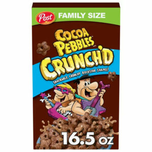 Post Cocoa PEBBLES Crunch’D Breakfast Cereal, Chocolatey Family Size Cereal, 16.5 OZ Box